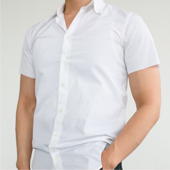 Helmut Lang White Raw Hem Short Sleeve Button Down Shirt Size 15 - Picture 2 of 7